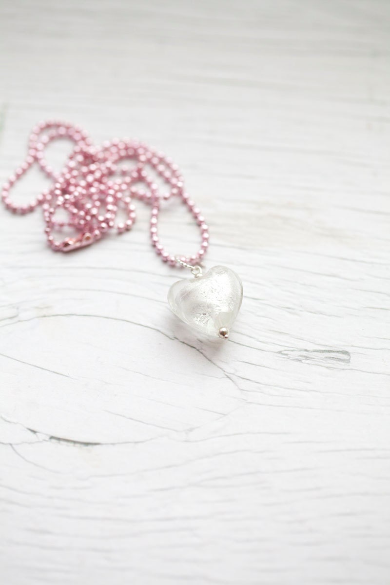 White Glass Heart in Pink Ball Chain. Summer. Loved one. Bridal .