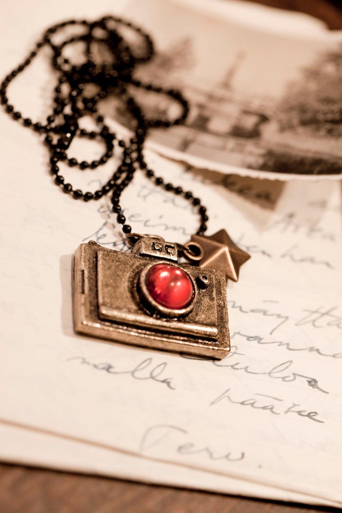 Huge Camera Pendant . Star . Black Ball Chain . Photographer
