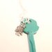 Large Turquoise Key with small owl . Ball chain . Retro style . Teal