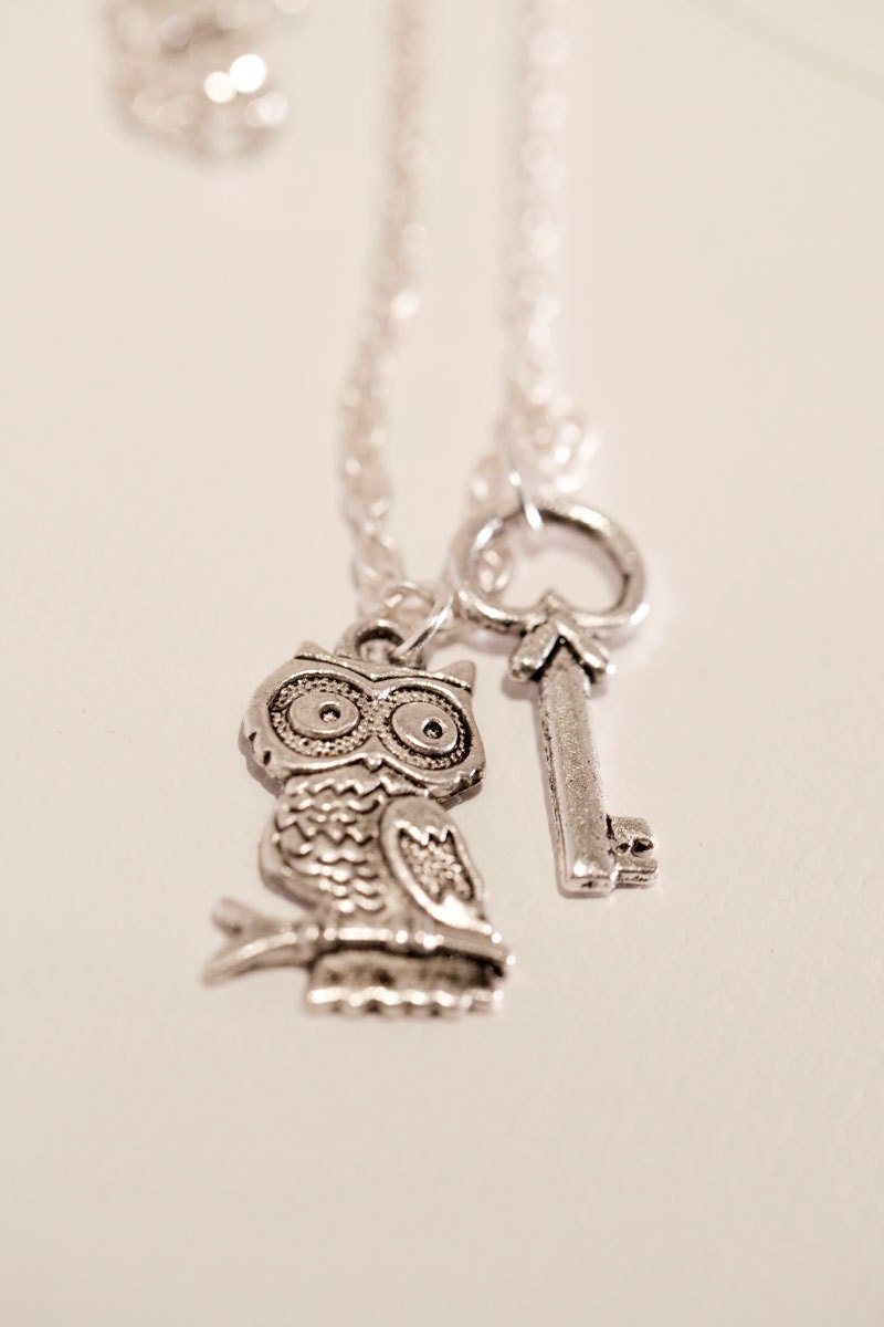 Owl & Key Pendant . Chain. Small. Cute . Gift for her . Spring