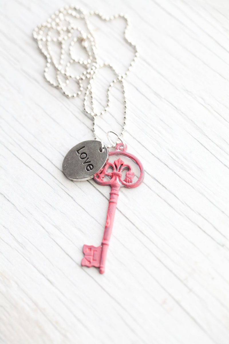 Dark pink Key pendant . Love . Ball chain . Hand painted . Vintage look . Mother's day