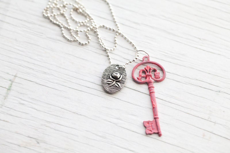 Dark pink Key pendant . Love . Ball chain . Hand painted . Vintage look . Mother's day