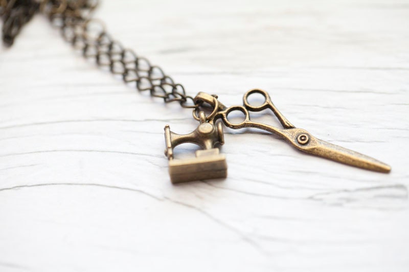 Sewing machine & scissors pendant . Antique brass chain . Cute . Gift . ONLY 1 LEFT