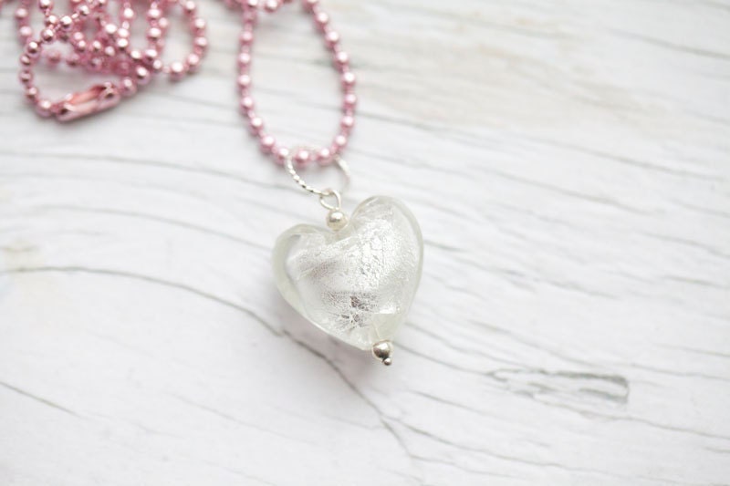 White Glass Heart in Pink Ball Chain. Summer. Loved one. Bridal .
