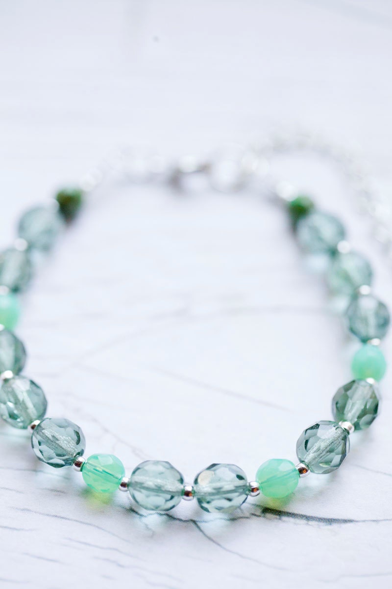 Tourmaline & Milky Seafoam faceted Glass Bead Bracelet . Fresh . Summer