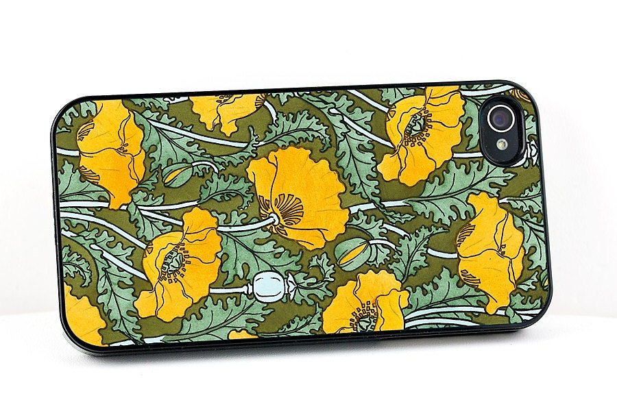 Floral iPhone 4 case, Art Nouveau Yellow Gold Poppies, iPhone 4 S case, Mobile Accessories for Men or Women, iPhone Gear