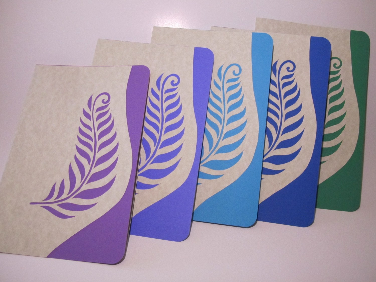 Greeting Cards, Event Invitations Handmade with Original Silhouette Cutout of Fern Leaves in Cool Colors of Turquoise, Blue, Purples OOAK