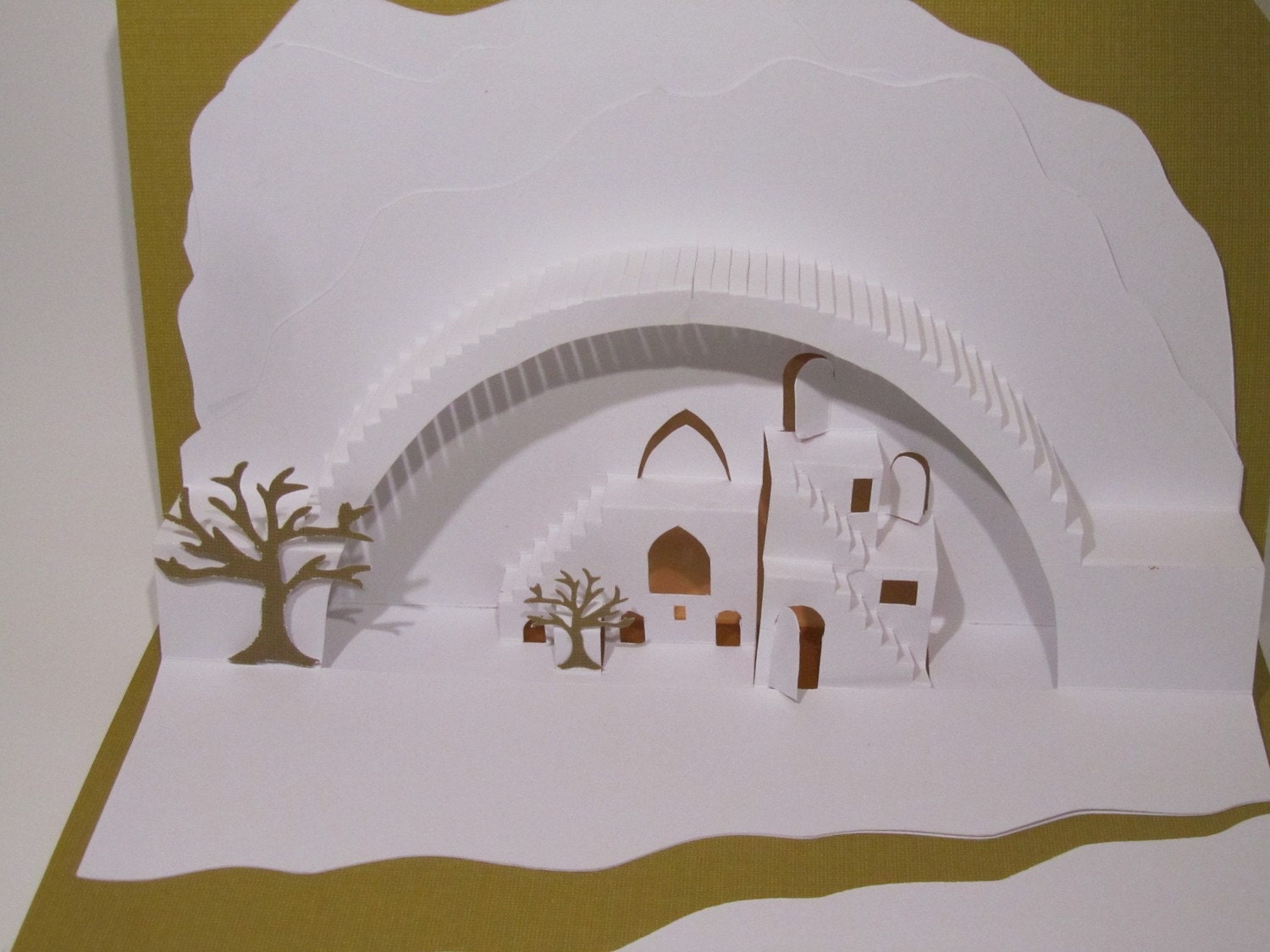 Home Decoration 3D Pop up Card ORIGINAL Origamic Architecture DESIGN of Mediterranean Landscape in White and Mustard Yellow OoAK SIGNED