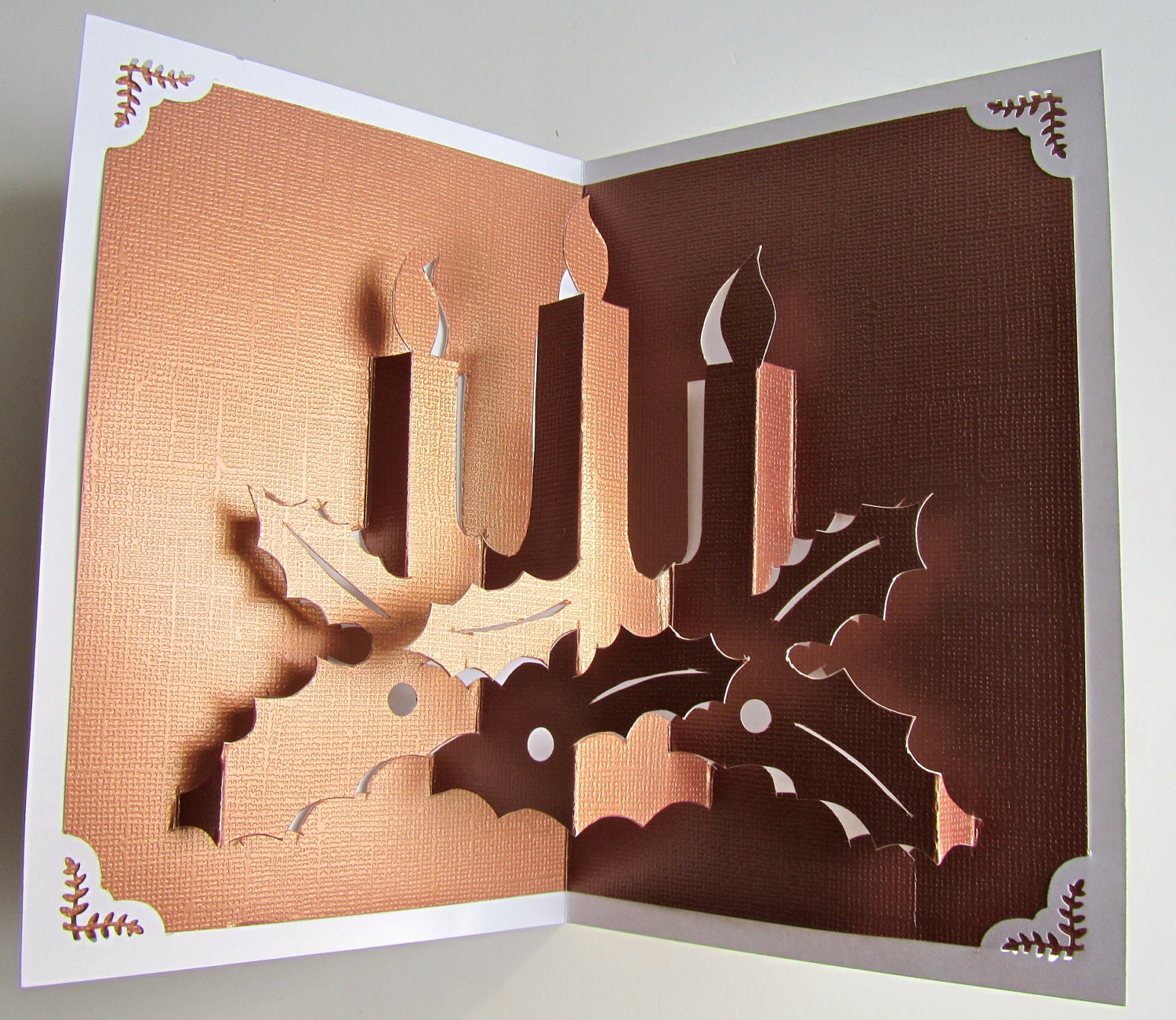 Christmas Candels Pop Up Greeting Card Home Décor 3D Handmade Cut by Hand Origamic Architecture in Festive Golden Yellow and White.