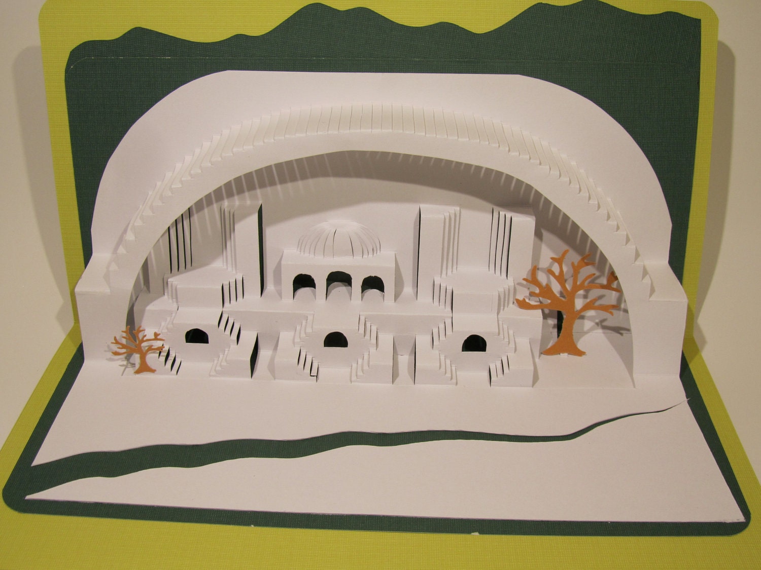 3D Pop up Paper Sculpture Home Décor ORIGINAL Origamic Architecture DESIGN of Mediterranean Landscape in White, Lime and Green OoAK SIGNED