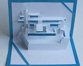 Pop Up 3D Origamic Architecture Card FALLINGWATER Of Frank Lloyd Wright Hand Cut in White and Turquoise. Home Décor. Unique Impressive Gift