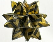 Ornament Home Décor Modular 3D Origami Star Ball, Handmade in Metallic Gold & Black Paper on Metal Gold Tone Ornament Stand OOAK