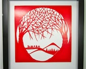 Trees Of Life Wall and Home Décor RED Silhouette Paper Cutout ORIGINAL Design SIGNED Symbolic Art HANDMADe  Framed One Of A Kind