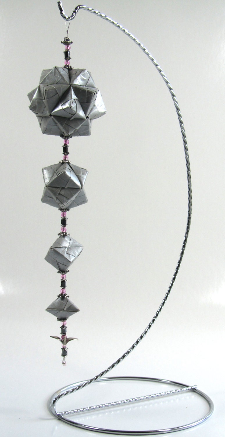 ANNIVERSARY GIFT Home Décor 3D Modular Origami Handmade Ornament Geometric Modules in Silver Vellum Paper on Metal Ornament Stand OoAK