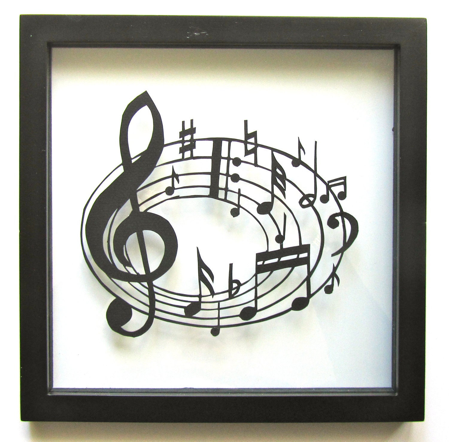 Music Notes  for MUSIC LOVERs Wall and Home Décor Silhouette Paper Cutout ORIGINAL Design SIGNED Handmade Framed One Of A Kind