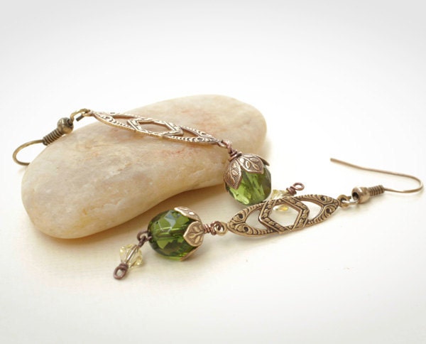 Olive Green Brass Filigree Long Dangle Earrings, Art Deco Filigree, Vintage Style Jewelry