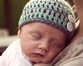 Crochet Baby Hat Grey and Blue Striped with White Buttons Natural Alpaca Wool