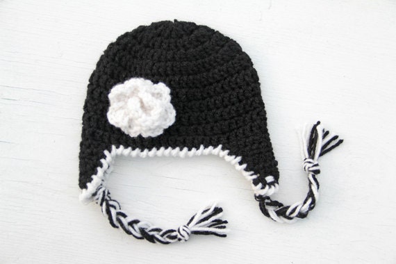 Crochet Baby Girl Earflap Hat Black with White Flower - READY TO SHIP - 3- 6 months