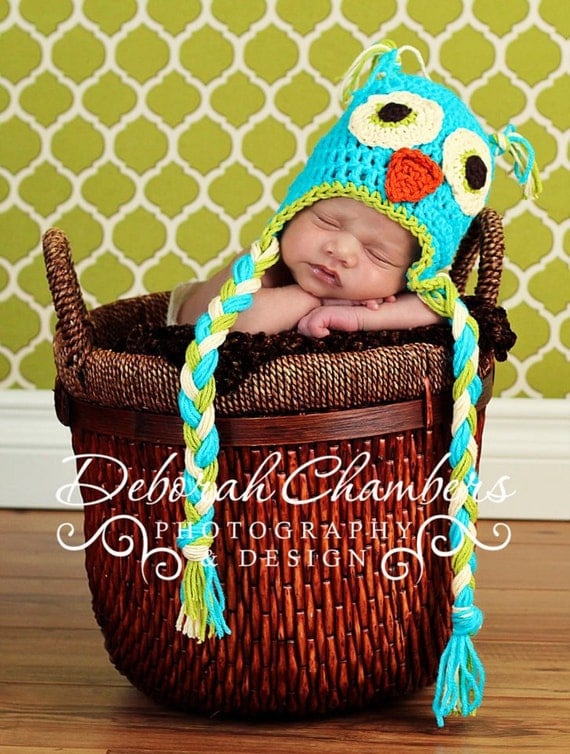 Crochet Owl Hat, Baby Boy Owl Hat, Newborn Photo Prop, Bright Blue, Lime Green, and Cream