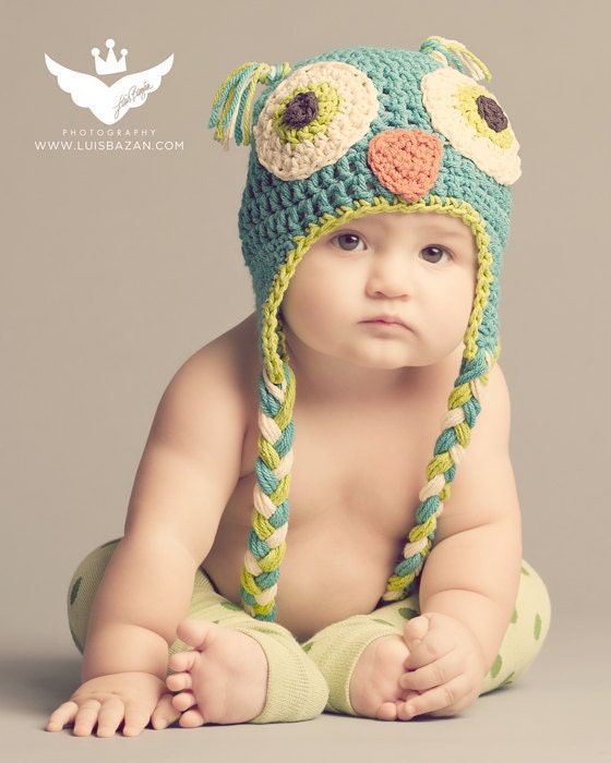Owl Earflap Baby Boy Hat Photo Prop Aqua Blue and Green