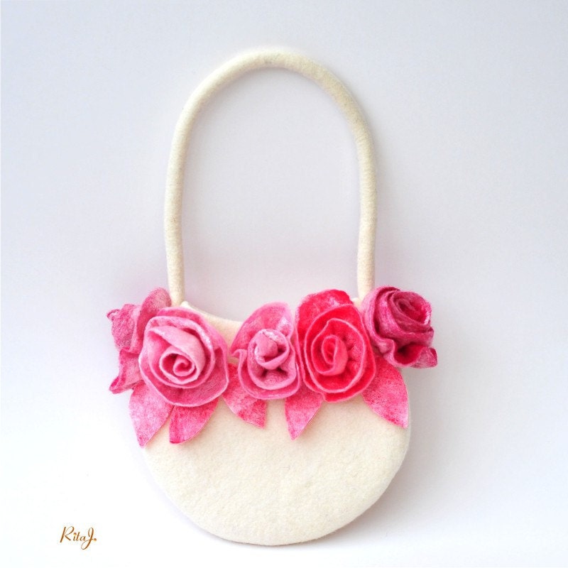 Felted white clutch, bag, purses with roses. Felted from softest merino wool.