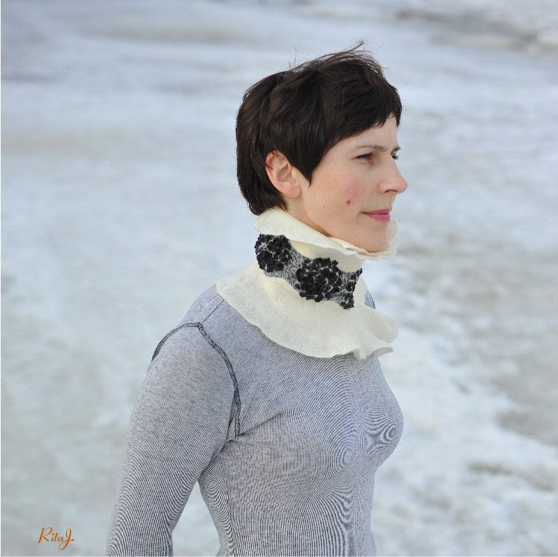Handmade shawl black and white-  felted from softest merino wool
