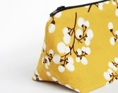 Mustard Cosmetic Bag with White Vine Floral Print Bridesmaid Gift, Birthday Gift, Party Favor, Bulk Pricing, Mother's Day Gift