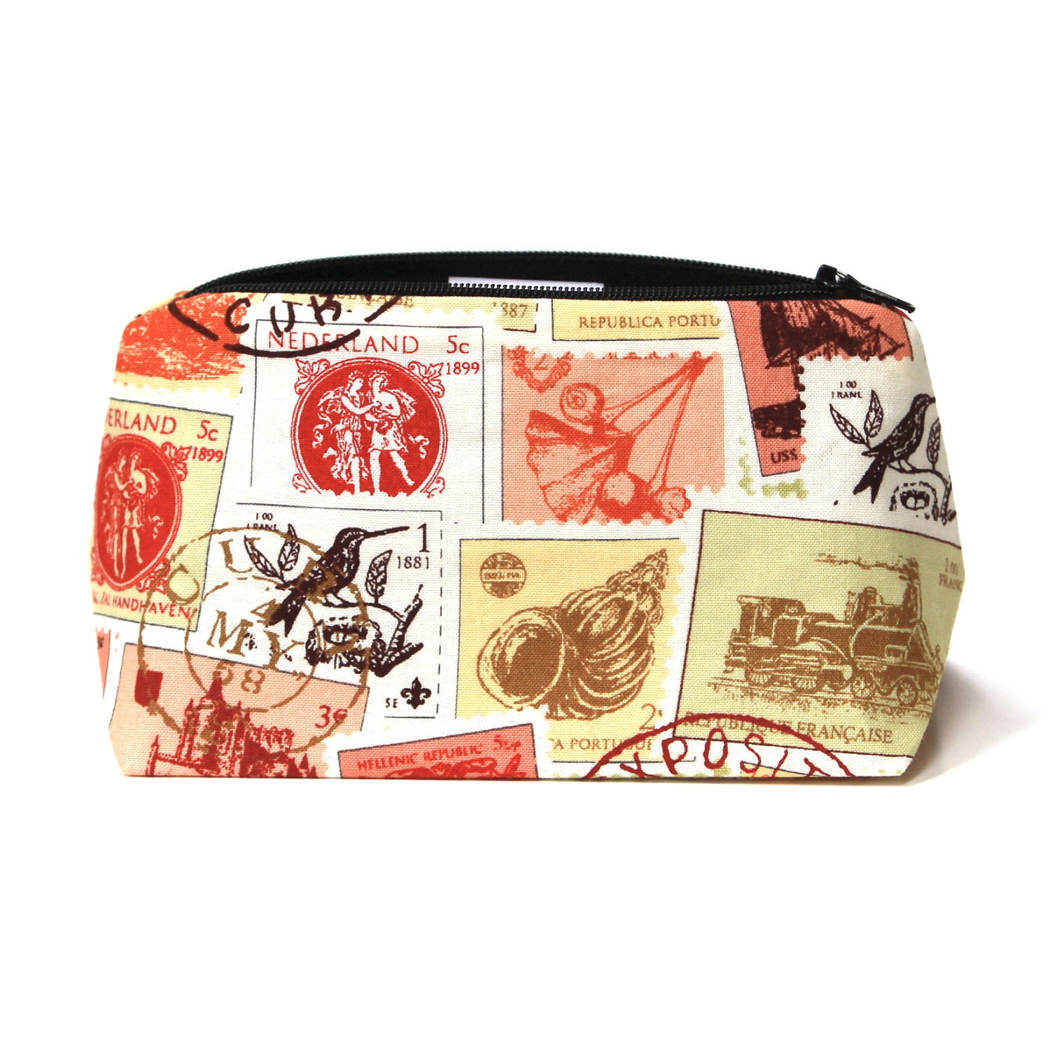 Vintage Stamps Travel Bag - Makeup Bag, Cosmetic Bag, Zipper Travel Pouch - Party Favor, Birthday Gift, Holiday Stocking Stuffer for her