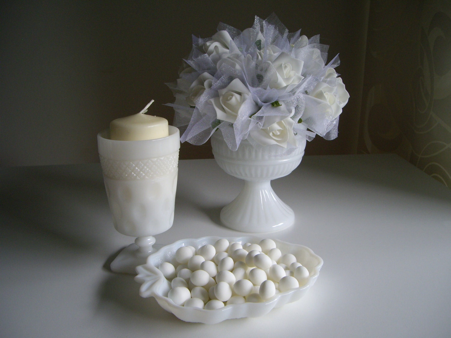 Vintage White Milk Glass Collection - 2 Footed Vases and Candy Dish - Clearance Sale