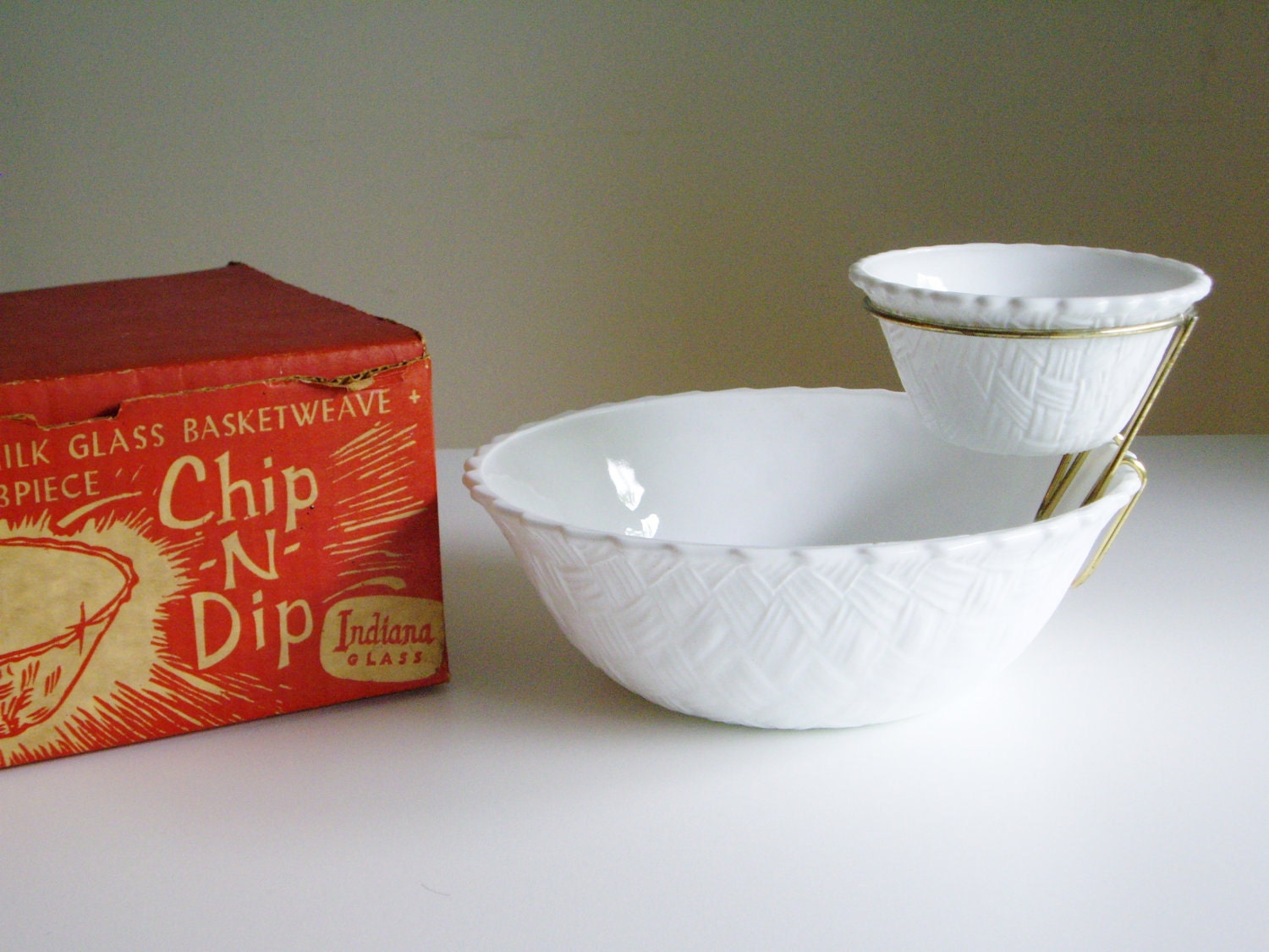 Vintage White Milk Glass Chip and Dip Set Indiana Basket Weave Pattern in Original Box