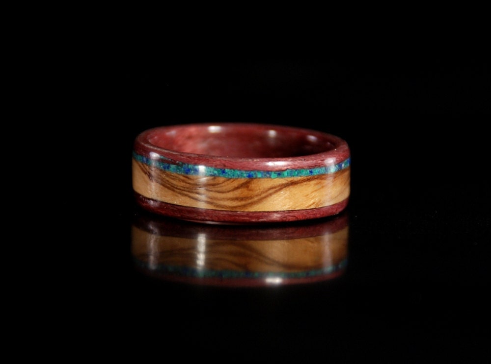 Purpleheart Bentwood ring with Bethlehem Olive Wood and Azurite "Stone of Heaven" Inlay
