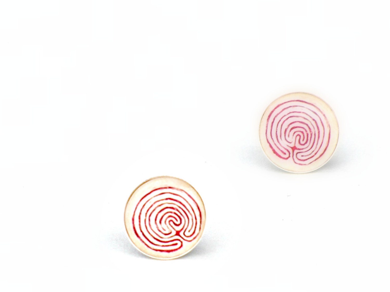 SACRED SYMBOL Post Earrings / Red White Labyrinth Maze Sacred Jewelry
