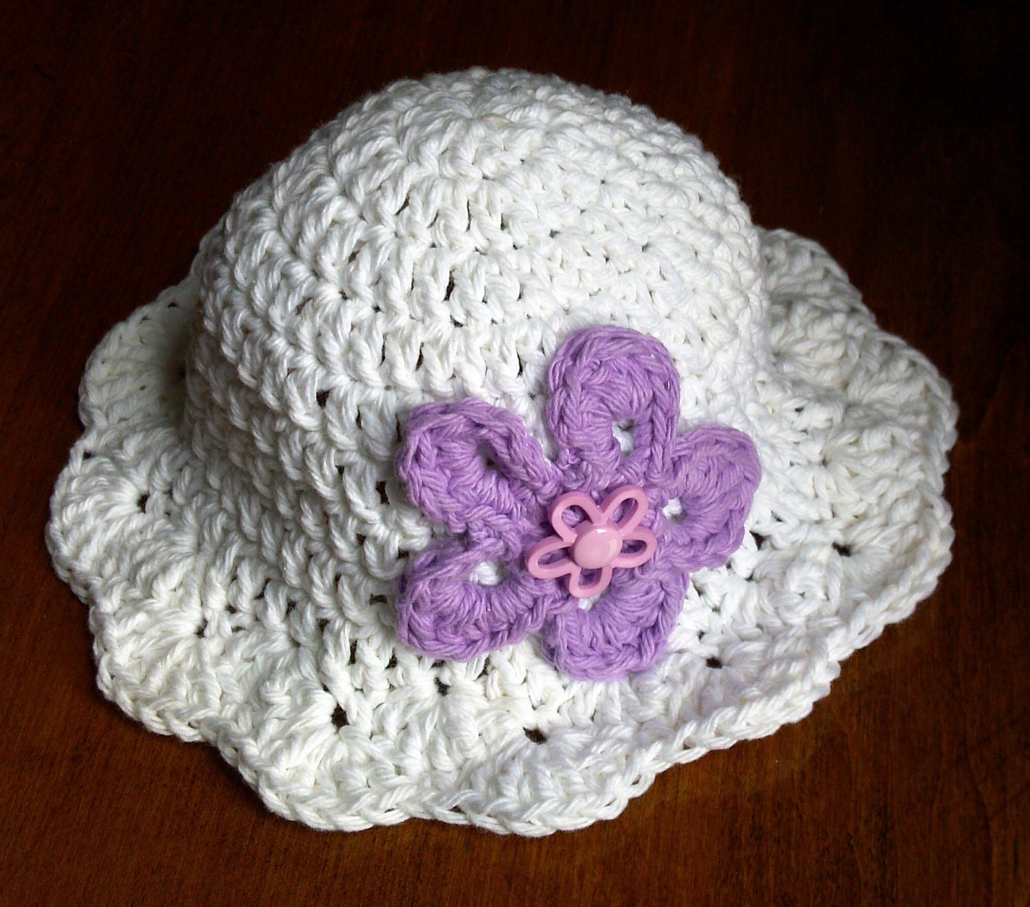 Sun hat with removable flower barrette, Photo prop, Crocheted, All Sizes