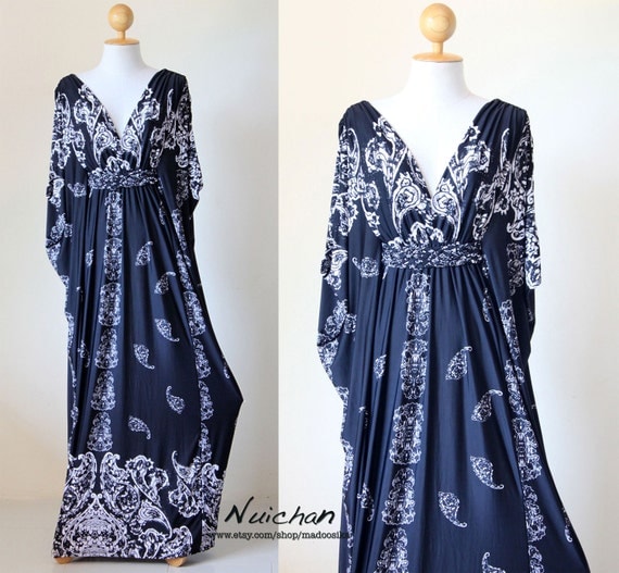 Long Black & White Paisley Printed  Funky Kimono Butterfly Tube Maxi Dress: Elegant Collection