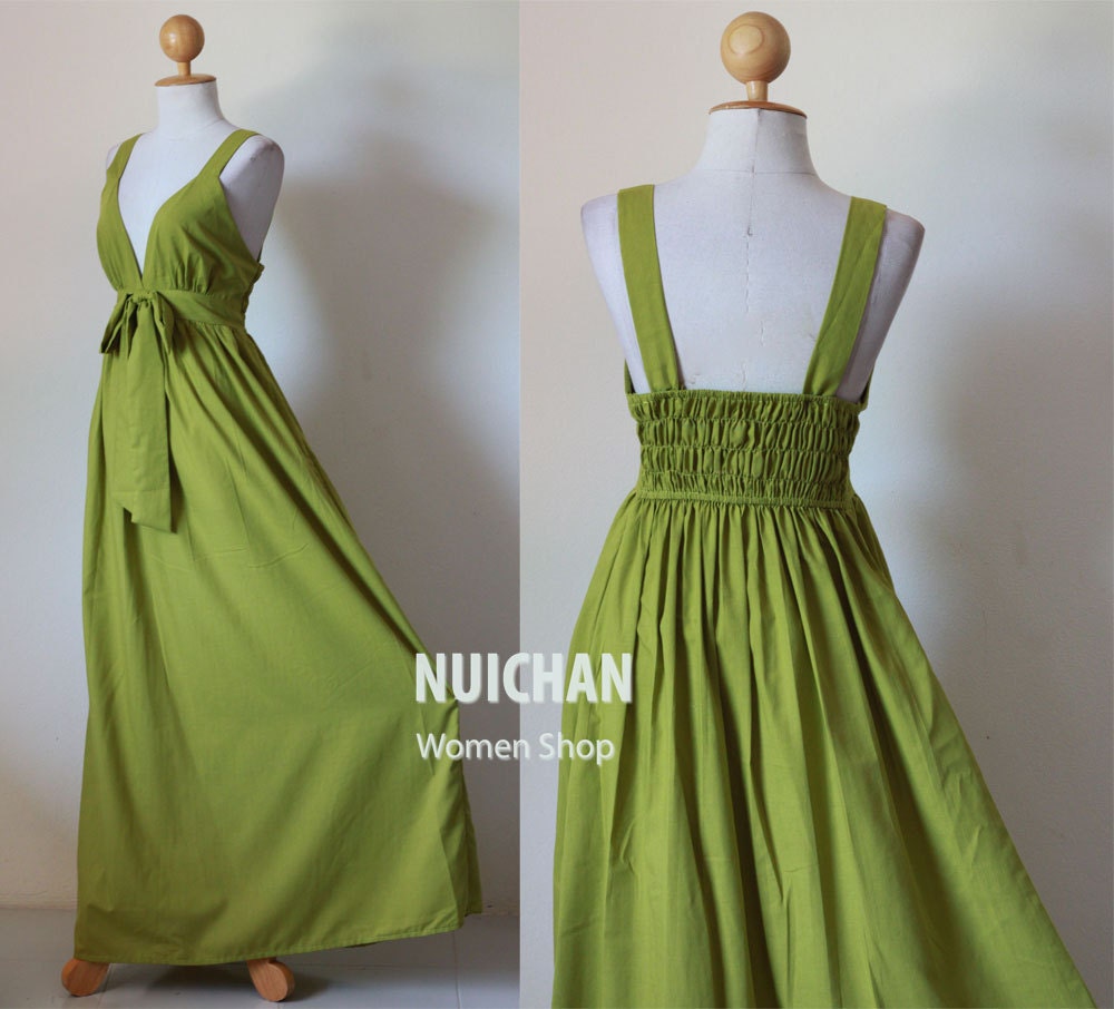Long Olive Green Maxi Dress Elegant V-styled Neck : Love Party Collection