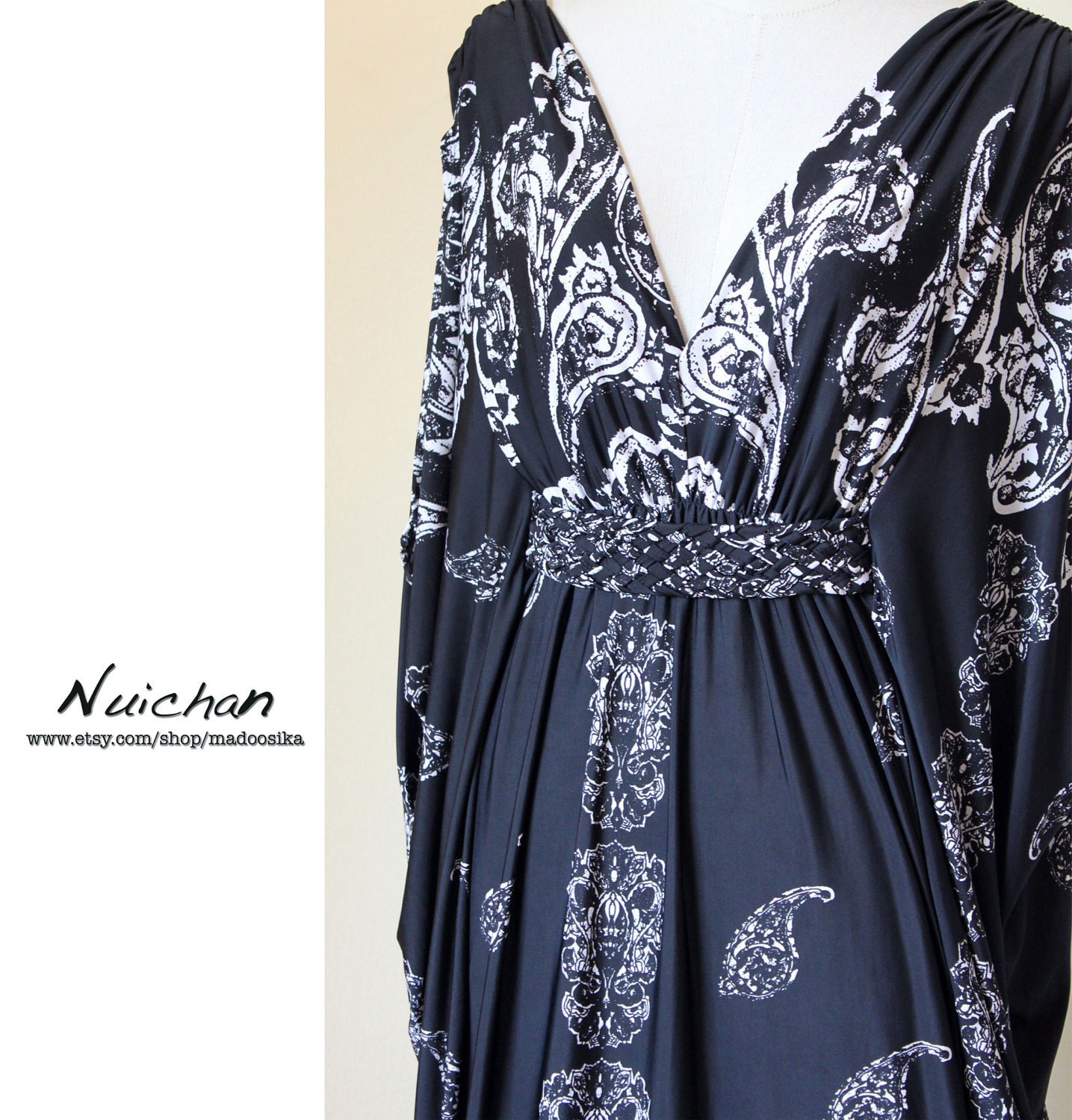 Long Black & White Paisley Printed  Funky Kimono Butterfly Tube Maxi Dress: Elegant Collection