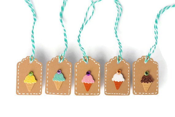 Gift tags . kraft mini tags . Italian ice cream cone . 10 ct . brown paper . small . hang tag . mint bakers twine . summer . embellishment