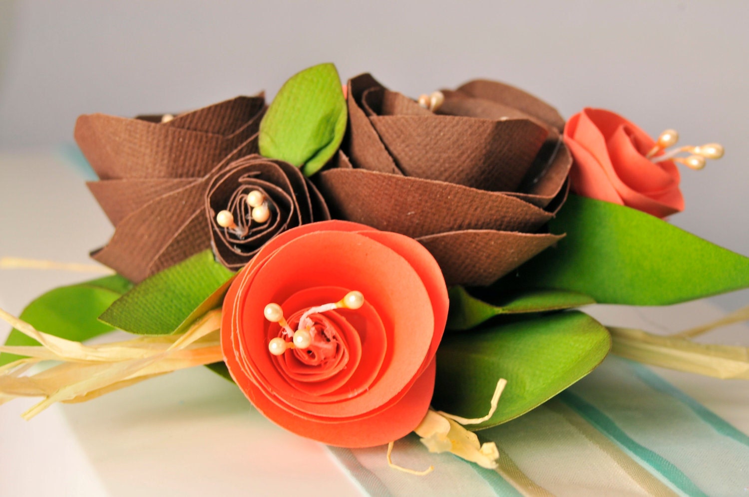 Paper Flower bouquet. Valentine's Gift embellishment / Gift topper  /  Coral and Chocolate Brown