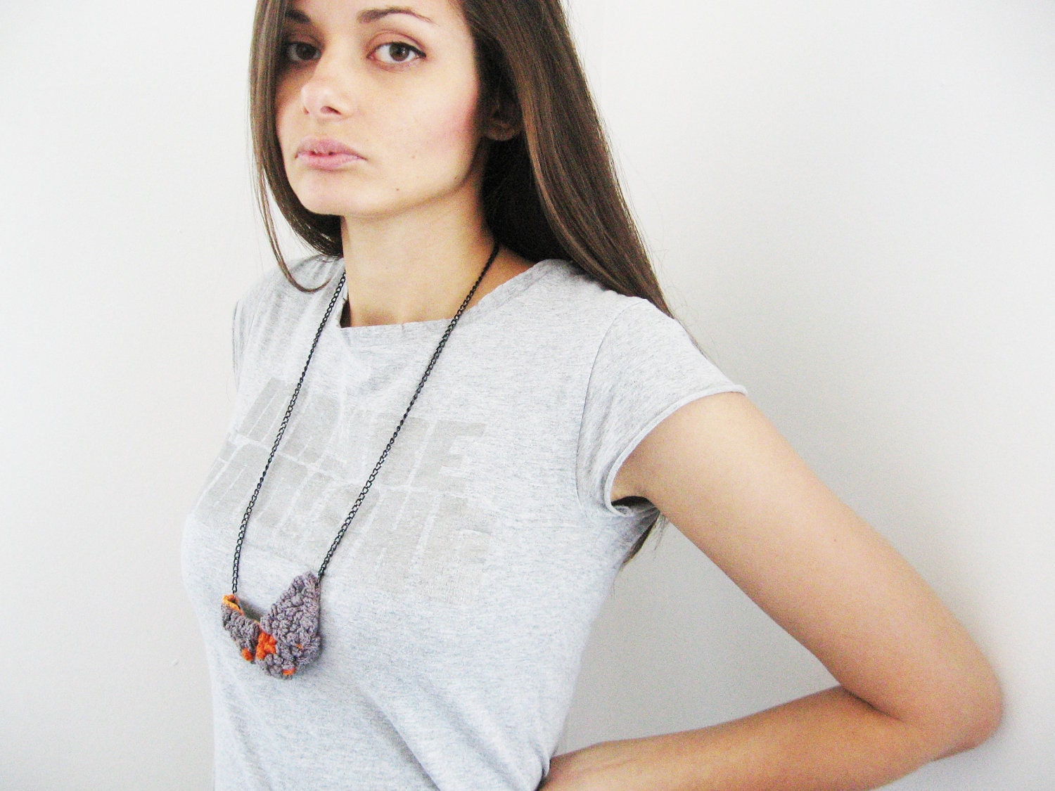 Crochet orange stich necklace- gray and orange color- 2 in 1 necklace-transformable jewelry "Modify Me"