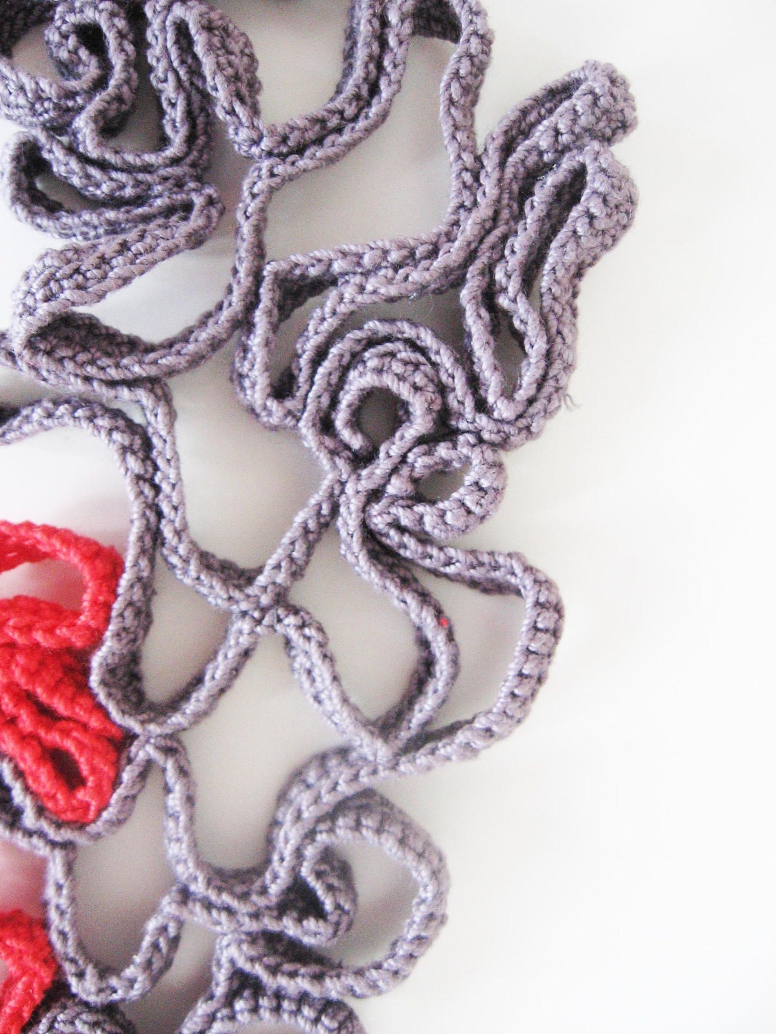 River topography- crocheted cuff bracelet- red and grey crochet -ooak