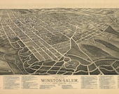 1891 Winston Salem, North Carolina Twin City View, Historic, Quality Giclee Reproduction MAP 22"x13"