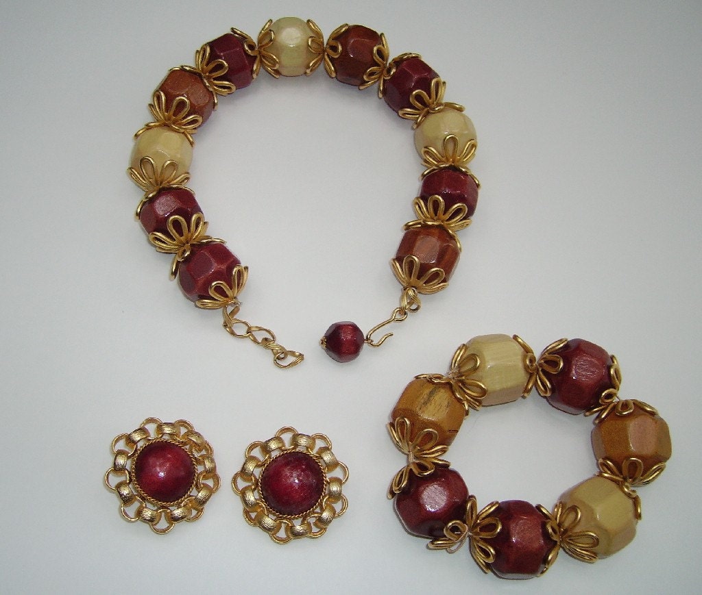 SALE 80s Jay Feinberg/Strongwater Wooden Necklace, Bracelet, Earrings