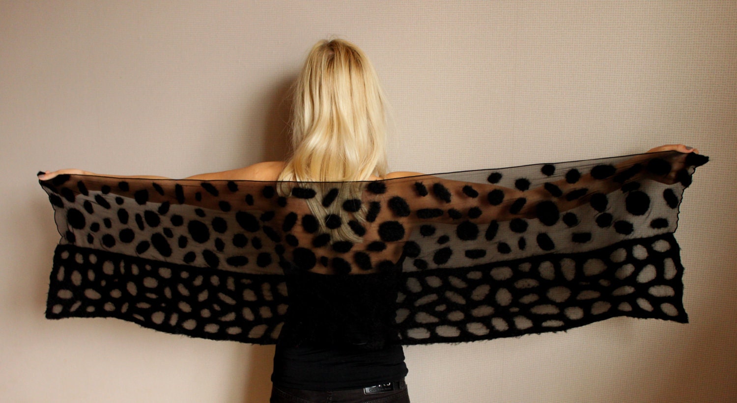 Felted silk scarf '' Black'' with felted wool elements /hmet/eco friendly/rusteam /etsy lush