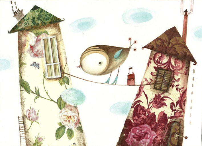 Bird and houses, original watercolor painting, original collage-bird painting- kid nursery wall decor