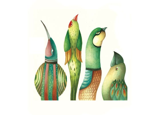 Green birds-Original watercolor painting-Wall decor, painting