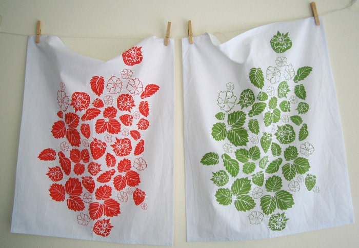 STRAWBERRY FIELD hand screen printed tea towel