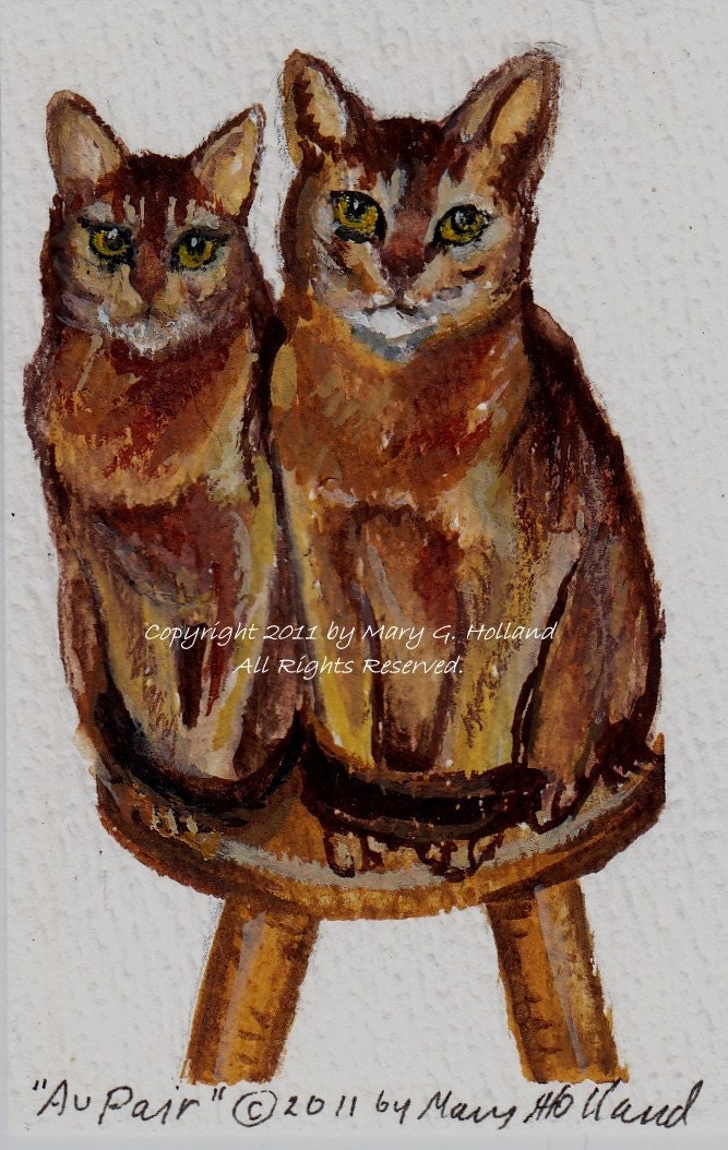 Au Pair by Mary Holland, ACEO Archival Giclee Print Watercolor Miniature Painting Fine Artwork Red Abyssinian Cats Feline Cute Animals Pets Rust Tan Yellows Browns White Cream Collector Gift
