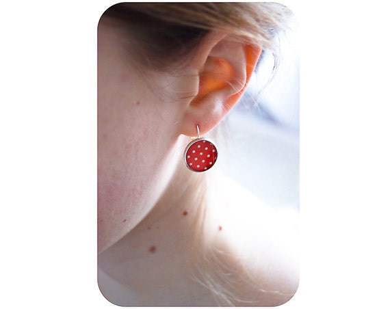 Red polka dot earrings - simple white red jewelry, cute, leverback bright earrings