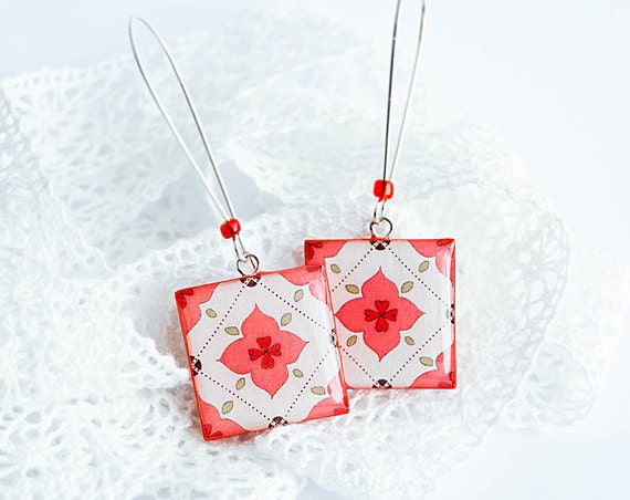 Dangle red earrings, scarlet jewelry, square earrings, bright jewellry