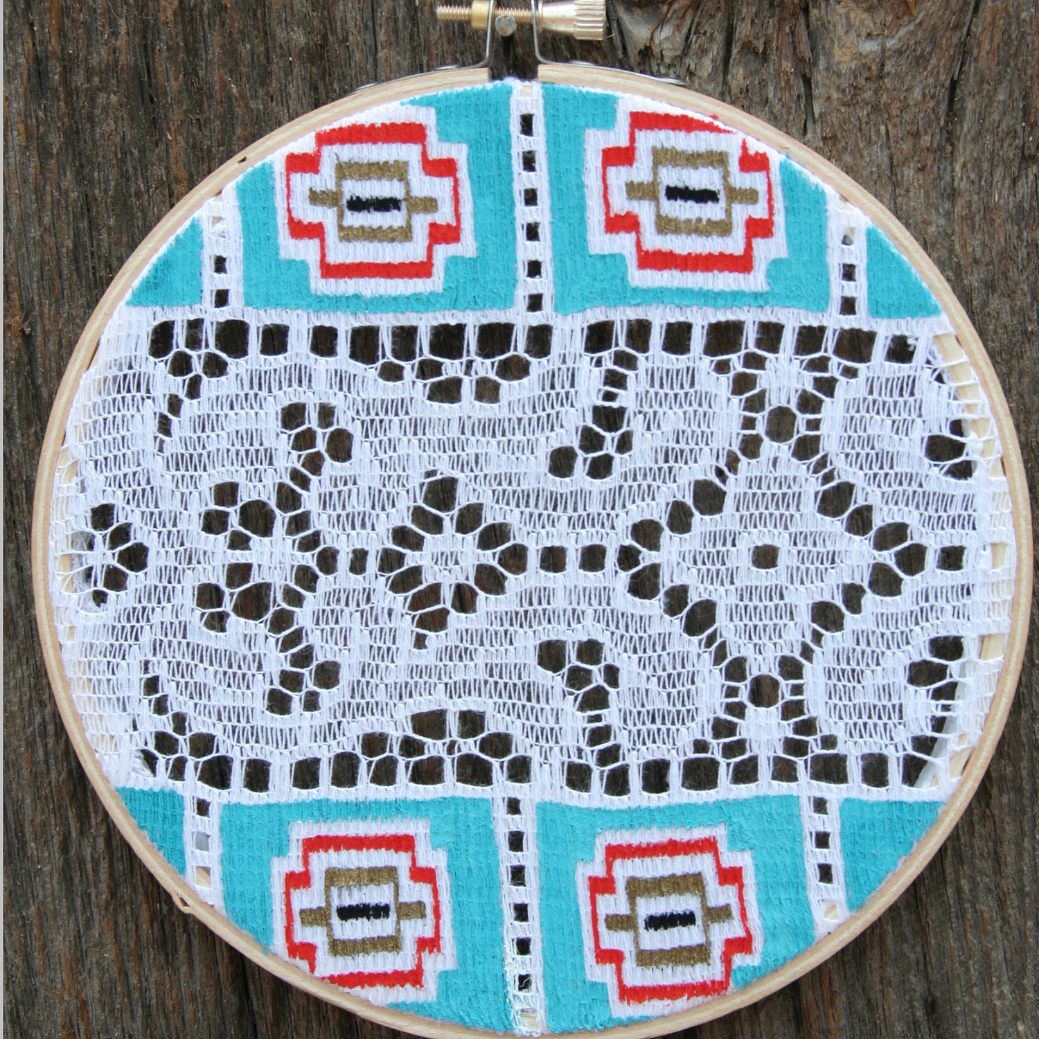 SALE . . . NATIVE LACE 2, painting on vintage lace table runner